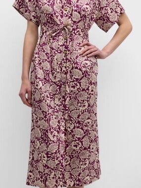 Vanessa Bruno Plum and Cream Floral Dress with Tie Waist